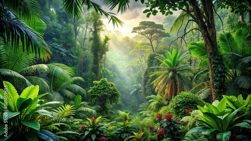 Lush rainforest with vibrant greenery and diverse wildlife, tropical, foliage, canopy, exotic, biodiversity, jungle © Sujid