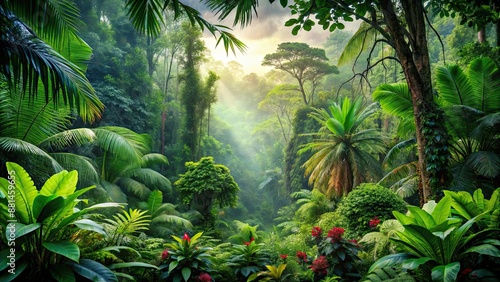 Lush rainforest with vibrant greenery and diverse wildlife, tropical, foliage, canopy, exotic, biodiversity, jungle