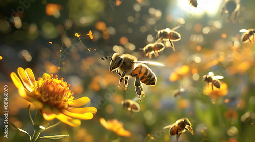 Flying honey bees in groups collecting pollen at yellow flower. Bee flying over the yellow flower. Concept of pollination and honey bee relation.

