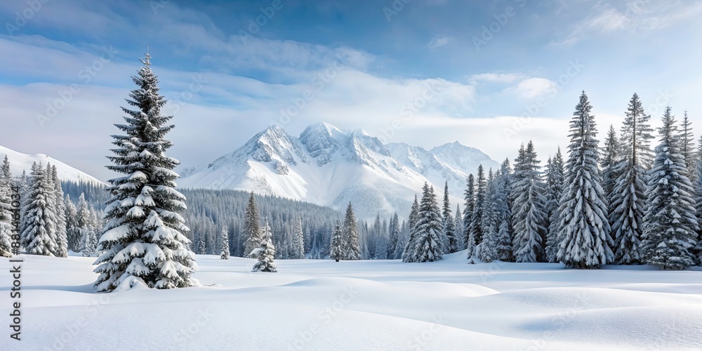 Minimalist snow-covered mountain landscape with pine trees and a serene white blanket of snow, Winter, Wonderland, Mountain Minimalist snow-covered mountain landscape with pine trees and a serene white blanket of snow, Winter, Wonderland, Mountain