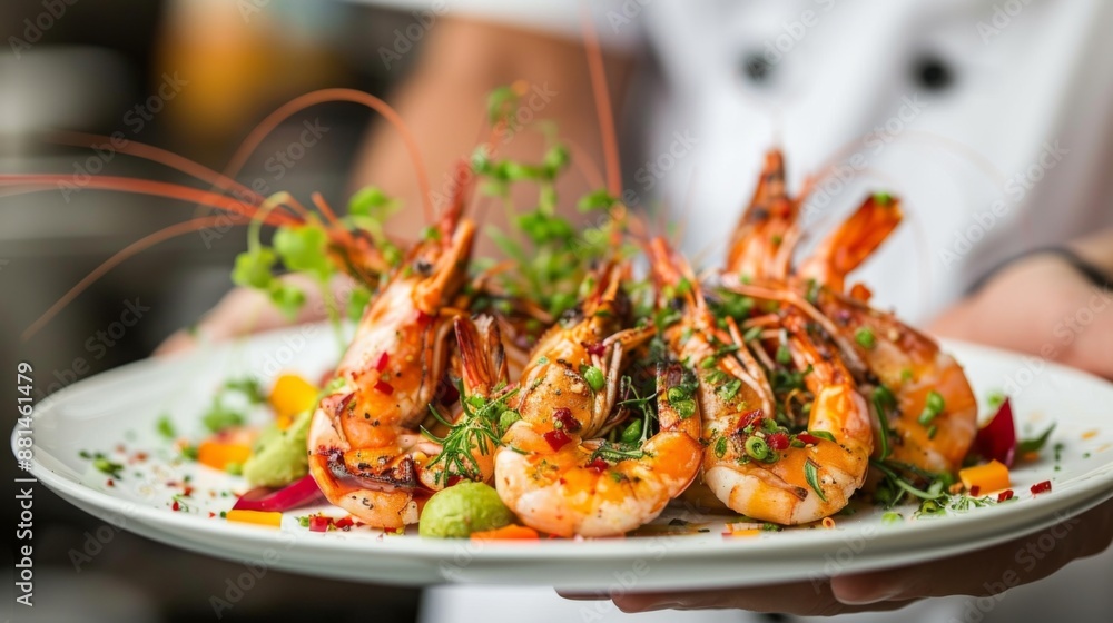A chef presenting a plate of grilled shrimp with colorful garnishes, showcasing culinary expertise. A chef presenting a plate of grilled shrimp with colorful garnishes, showcasing culinary expertise.