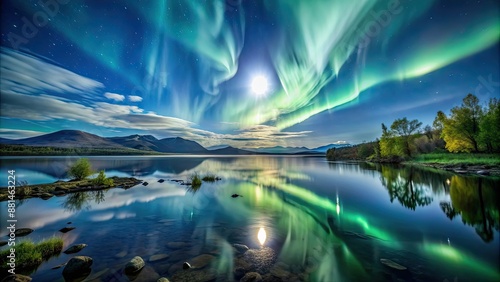 Moonlit lake with dancing northern lights in Abisko National Park, Sweden, moonlight, lake, northern lights photo