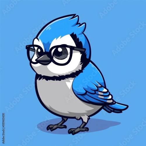  cute blue jay logo, simple flat, design with blue and white feathers, branch shape against a light blue background, minimalist, color blocks