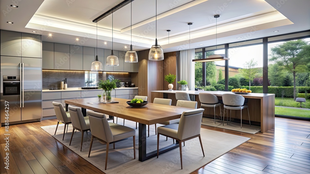 Modern kitchen and dining room with sleek design and open layout , modern, kitchen, dining room, panorama Modern kitchen and dining room with sleek design and open layout , modern, kitchen, dining room, panorama