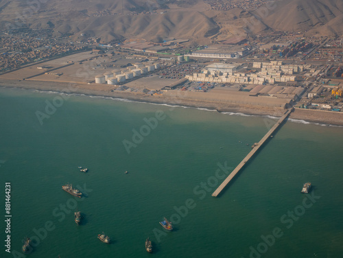 Obraz na płótnie View From the Airplane of the Fishing Boats and the Port in the Pacific Ocean, in Lima, Peru w salonie