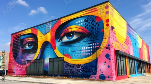 A colorful building with a large eye painted on it - generative AI