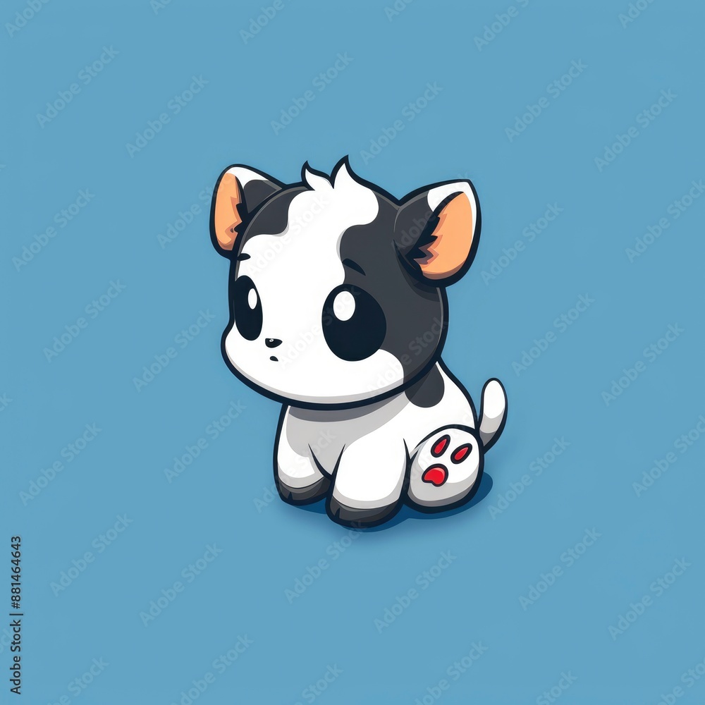 Naklejka premium cute cow logo, simple flat, design with black and white fur, milk bottle shape against a blue background, minimalist, color blocks