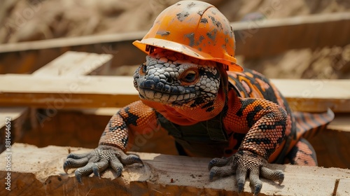Gila Monster in a construction worker’s outfit, building a house