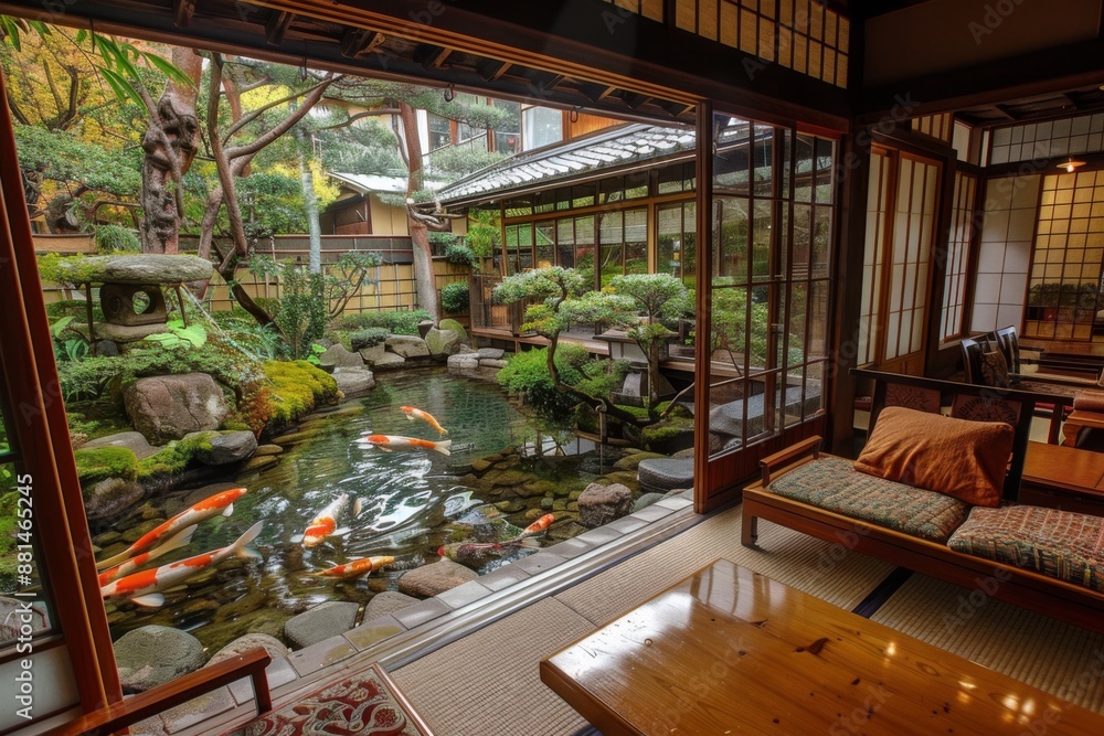 Traditional Japanese house with garden and koi pond Traditional Japanese house with garden and koi pond