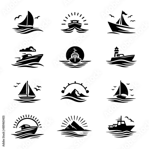 A set of boat and mountain logo silhouettes