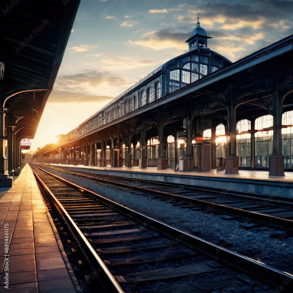 the AI Image Generator, picturesque scene of a train at a platform during sunset with warm interior lights and dramatic sky the AI Image Generator, picturesque scene of a train at a platform during sunset with warm interior lights and dramatic sky