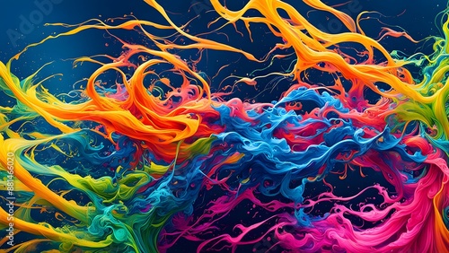 A dynamic splash of neon colors with paint splatter effects and fluid lines