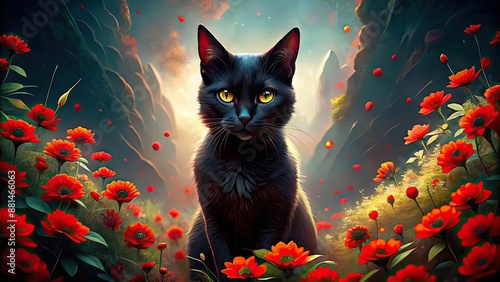 Sinister black cat in hellish surroundings with red flowers, colorful animation stills style, black cat, red flowers photo