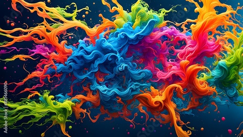 A dynamic splash of neon colors with paint splatter effects and fluid lines