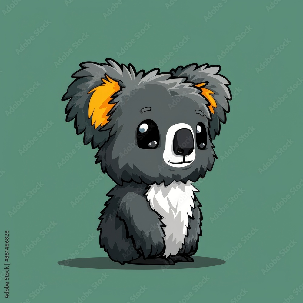 Obraz premium cute koala logo, simple flat, design with gray fur, eucalyptus shape against a green background, minimalist, color blocks