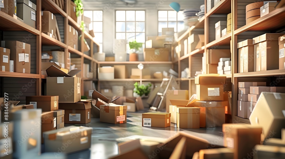 Organized Storage Room with Stacked Labeled Boxes and Visible Window Organized Storage Room with Stacked Labeled Boxes and Visible Window