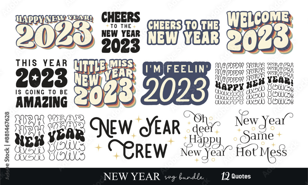 Fototapeta premium New Year inspiration quote collection set 70's retro wavy typography art bundle on white background