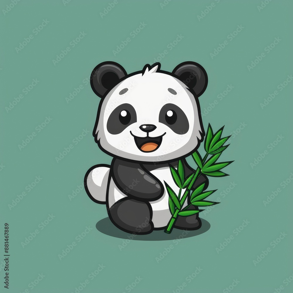 Naklejka premium cute panda logo, simple flat, design with white and black fur, bamboo shape against a green background, minimalist, color blocks