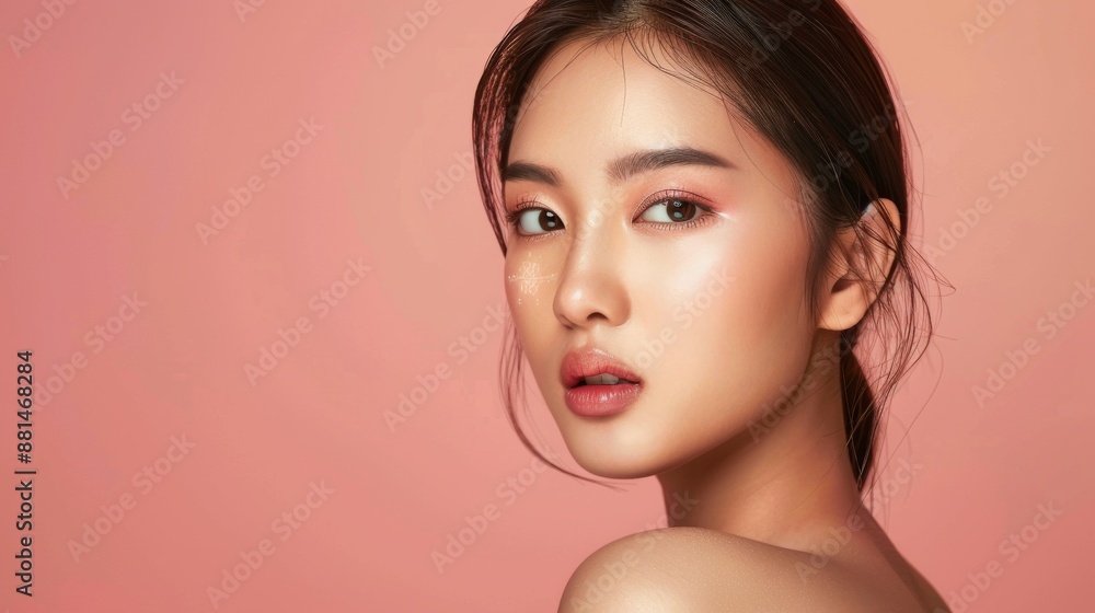Asian woman with flawless skin for skincare ad. Diverse models for skincare advertising campaigns. Asian woman with flawless skin for skincare ad. Diverse models for skincare advertising campaigns.