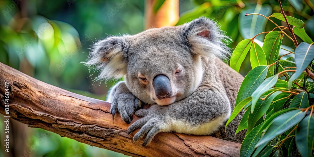 Obraz premium Sleepy koala resting on a eucalyptus branch at the zoo, koala, sleepy, cute, wildlife, animal, tree, eucalyptus, branch, zoo