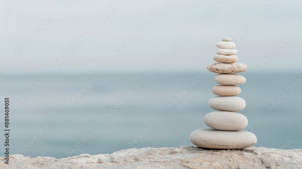 Fototapeta premium Zen rocks stacked on a tranquil shore
