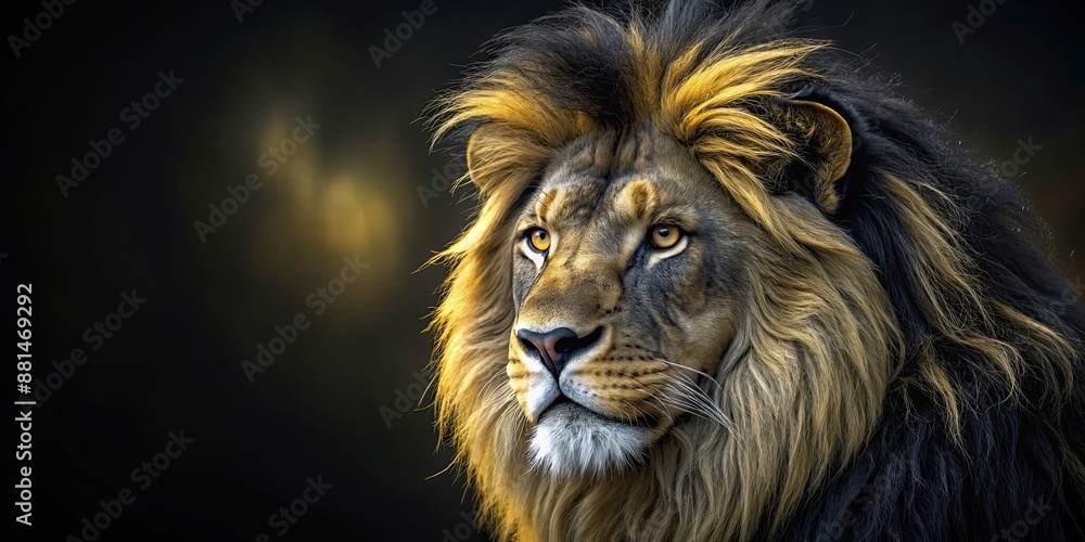 Fototapeta premium Majestic black lion with golden lines on its fur, wildlife, predator, majestic, feline, symbol, king of the jungle, regal, powerful