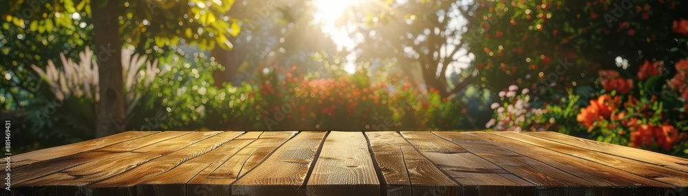 Wooden table top with a blurred background of a garden party, sunlight filtering through trees, vibrant colors, cheerful atmosphere, realistic style Wooden table top with a blurred background of a garden party, sunlight filtering through trees, vibrant colors, cheerful atmosphere, realistic style