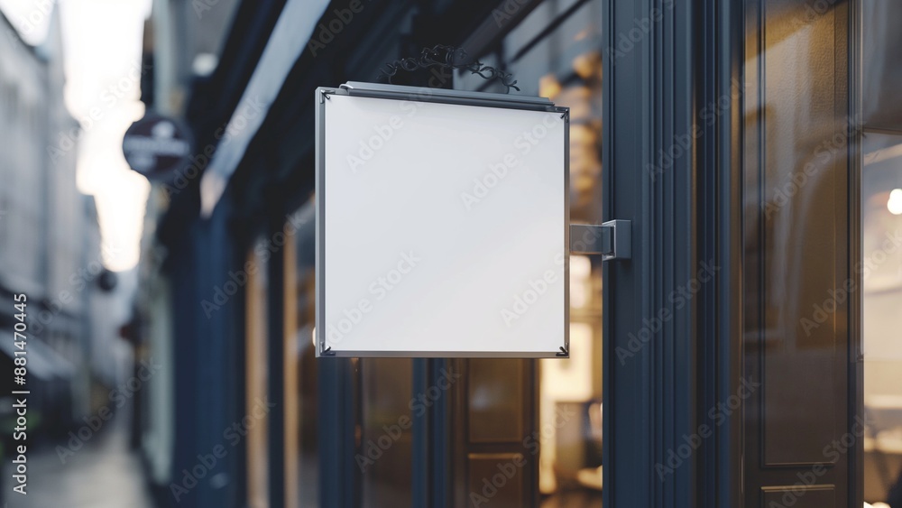 Mockup of an empty square light box on the wall of an outdoor restaurant or cafe Mockup of an empty square light box on the wall of an outdoor restaurant or cafe