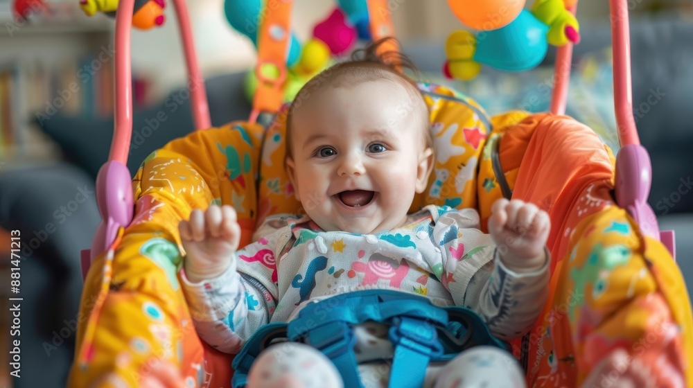 Happy Baby Girl Bouncing in Colorful Bouncer with Toys | Cute Infant Playtime Concept for Joyful Childhood Happy Baby Girl Bouncing in Colorful Bouncer with Toys | Cute Infant Playtime Concept for Joyful Childhood