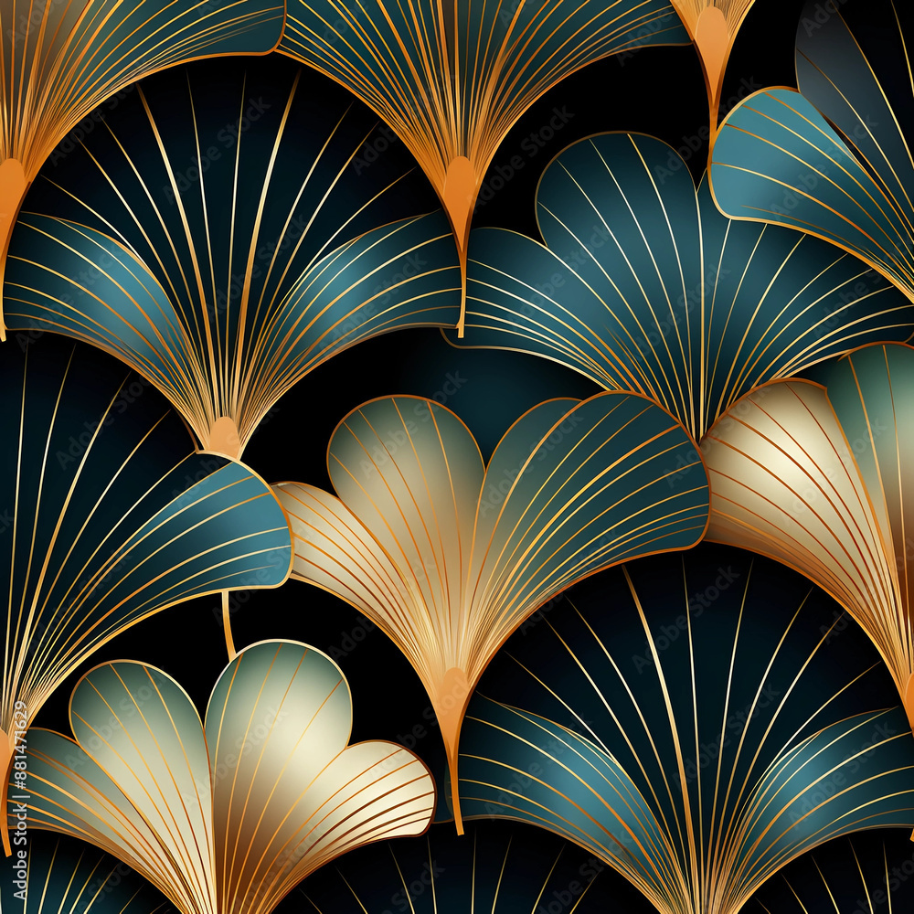 art deco background with ginkgo leaves in teal and gold, seamless pattern on dark blue background art deco background with ginkgo leaves in teal and gold, seamless pattern on dark blue background