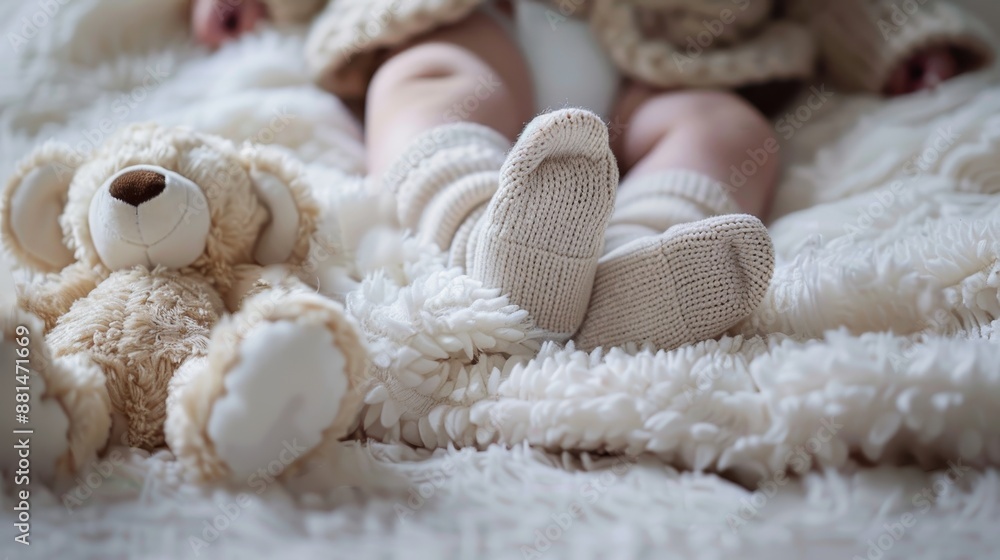Adorable Baby Feet in Booties on Soft Blanket with Stuffed Animal - Close-Up Shot of Newborn's Tiny Toes and Cozy Clothing Adorable Baby Feet in Booties on Soft Blanket with Stuffed Animal - Close-Up Shot of Newborn's Tiny Toes and Cozy Clothing