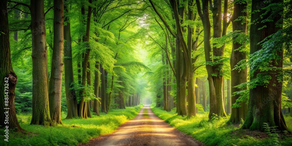 Fototapeta premium Serene forest path leading through lush greenery and towering trees, wilderness, wonderland, adventure, forest, path, nature