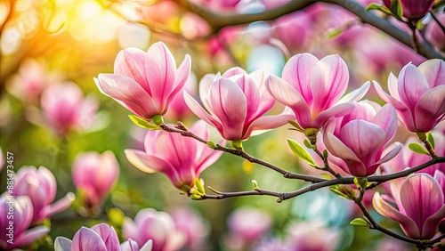 Pink magnolia flowers blooming in the springtime with a nature background , pink, magnolia, flowers, spring, nature, bloom