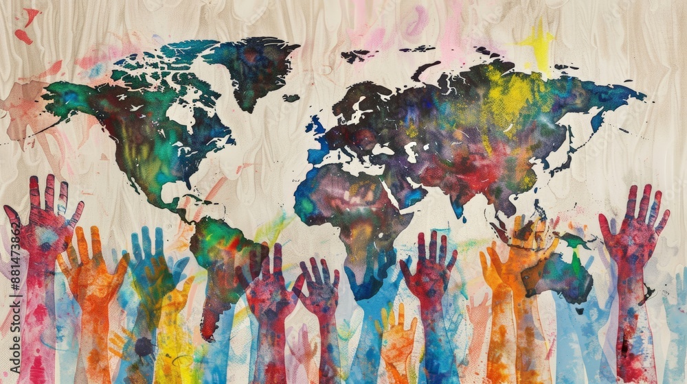 Fototapeta premium Picture of many hands Raised sideways in multi-colored world map in background. International Democracy Day.