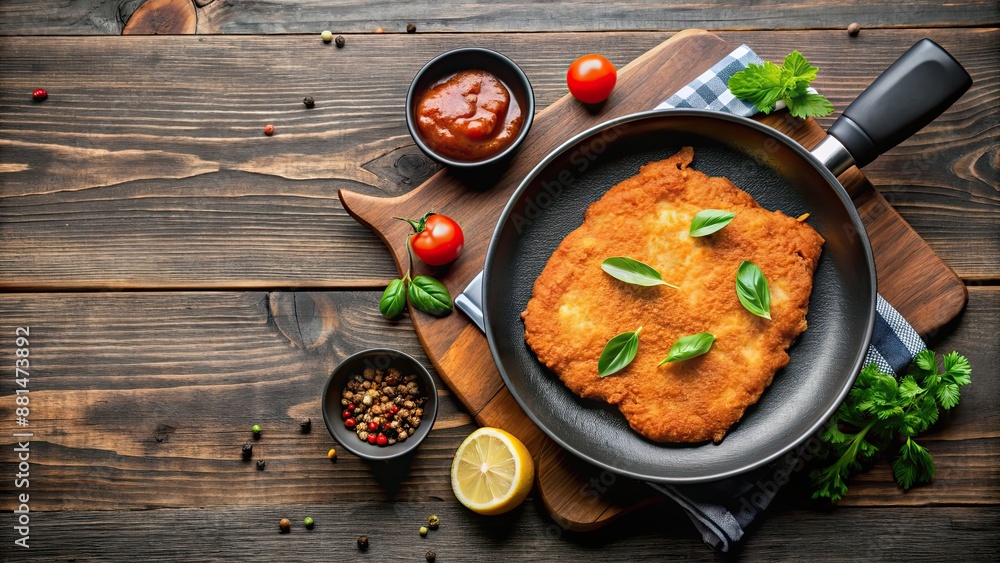 Schnitzel with sauce cooking in a pan, schnitzel, sauce, pan, cooking, food, traditional, Austrian, cuisine, meat, breaded Schnitzel with sauce cooking in a pan, schnitzel, sauce, pan, cooking, food, traditional, Austrian, cuisine, meat, breaded