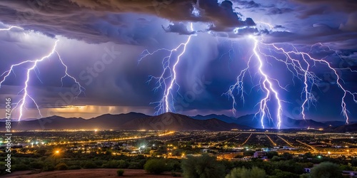Lightning storm illuminating the night sky over Tucson, Arizona during monsoon season, Lightning, storm, Tucson, Arizona
