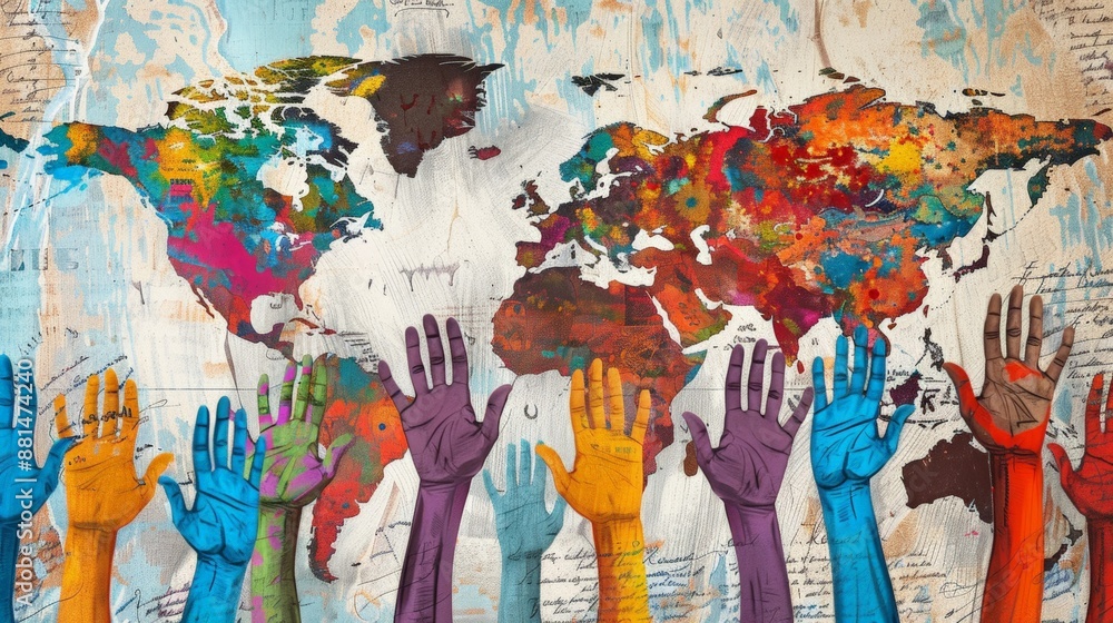 Fototapeta premium Picture of many hands Raised sideways in multi-colored world map in background. International Democracy Day.