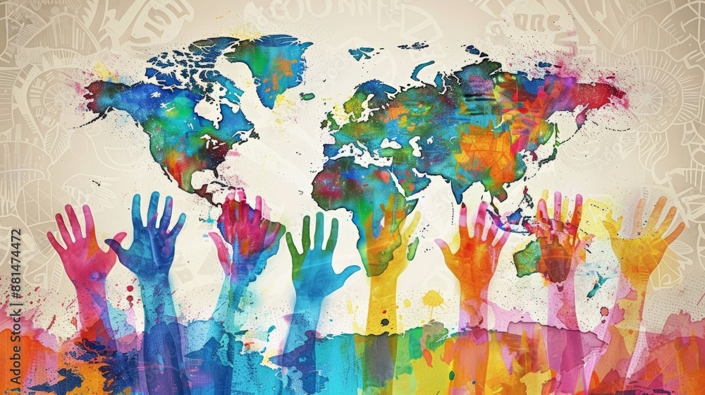 Picture of many hands Raised sideways in multi-colored world map in background. International Democracy Day. Picture of many hands Raised sideways in multi-colored world map in background. International Democracy Day.