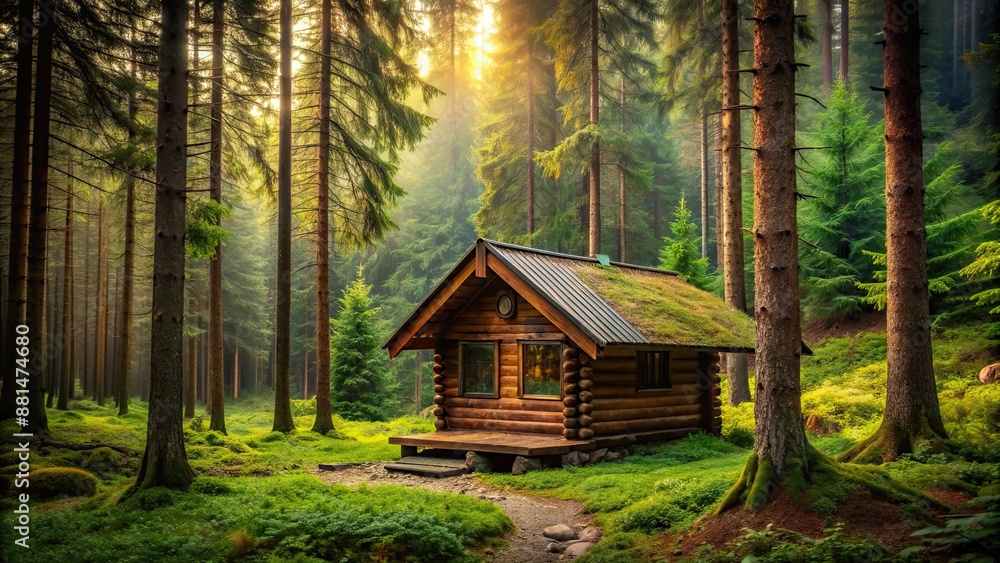 Wooden cabin nestled in a lush forest setting, cabin, house, wooden, forest, trees, nature, tranquil, peaceful, remote Wooden cabin nestled in a lush forest setting, cabin, house, wooden, forest, trees, nature, tranquil, peaceful, remote