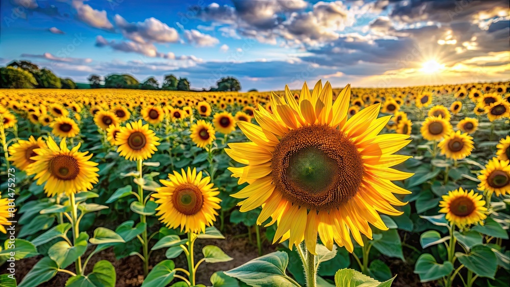 Obraz premium Vibrant sunflowers blooming in a summer garden , yellow, petals, nature, plant, field, seeds, floral, garden, bloom, sunflower