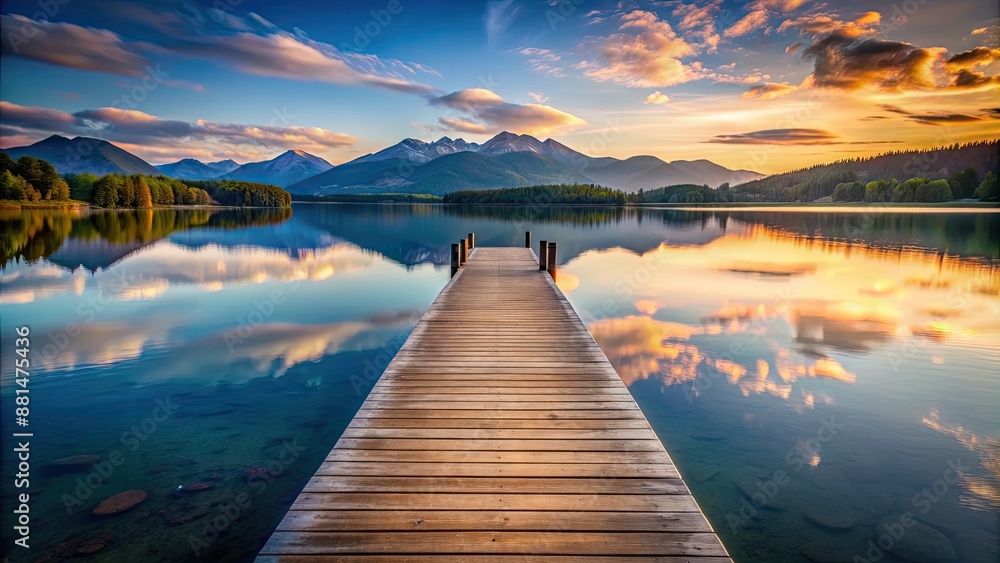 Obraz premium Wooden pier extending into calm lake with reflective water surrounded by mountains at sunset, sunset, lake, peaceful, pier