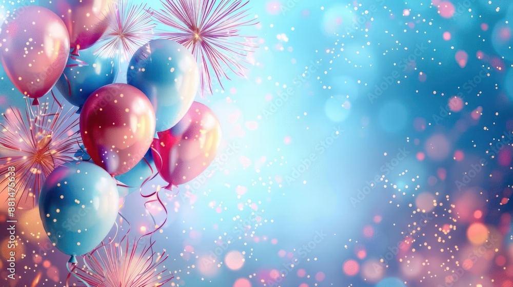 balloons and fireworks are in the air with a blue background balloons and fireworks are in the air with a blue background