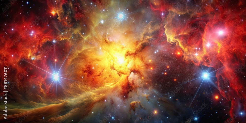 Vibrant red and yellow stellar nursery in a dense nebula, with starforming regions against a dark background Vibrant red and yellow stellar nursery in a dense nebula, with starforming regions against a dark background