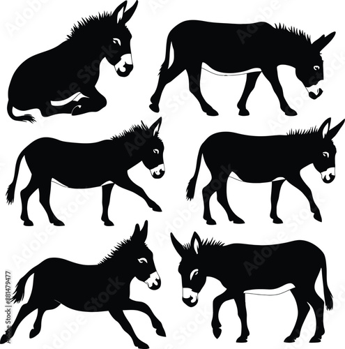 Donkey silhouette vector illustration set collection black on white background