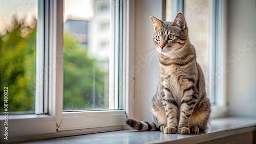 Playful gray tabby cat sitting on a windowsill looking out, cat, feline, domestic, animal, pet, gray, tabby, playing, sitting