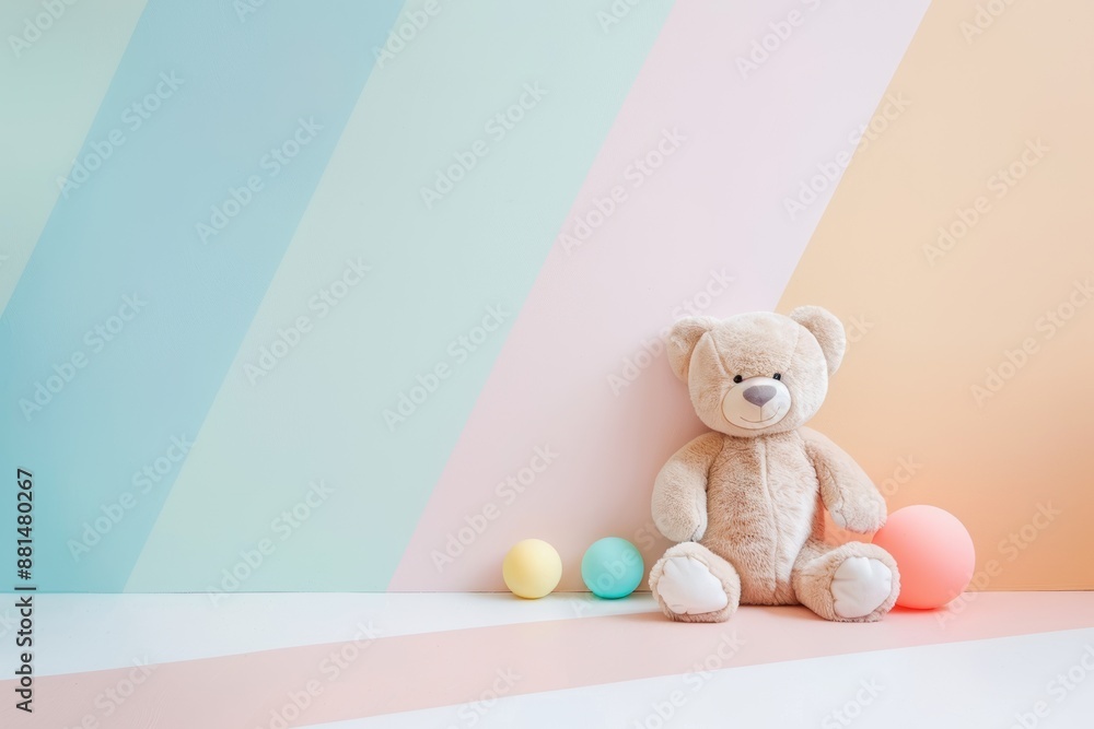 Cute teddy bear with colorful balls against pastel background for kids room decor concept Cute teddy bear with colorful balls against pastel background for kids room decor concept