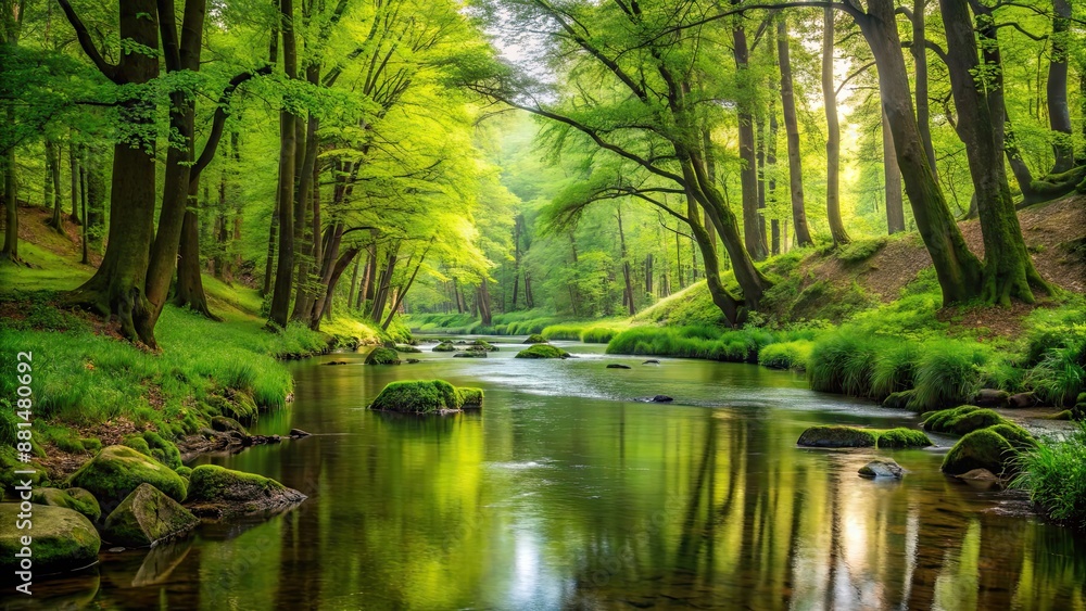 Obraz premium Peaceful stream flowing through lush green forest , nature, tranquil, serene, creek, wilderness, trees, foliage, landscape
