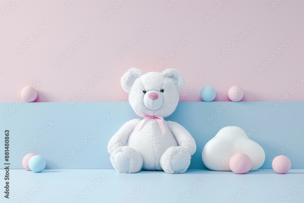 White teddy bear with pink ribbon on pastel background pastel colors playful toys concept White teddy bear with pink ribbon on pastel background pastel colors playful toys concept