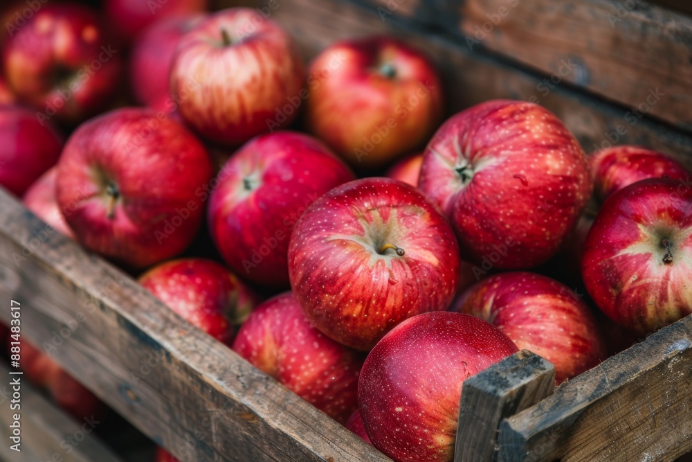 Fresh red apples in a wooden crate, organic fruit, natural farming, rustic apples for healthy eating concept Fresh red apples in a wooden crate, organic fruit, natural farming, rustic apples for healthy eating concept