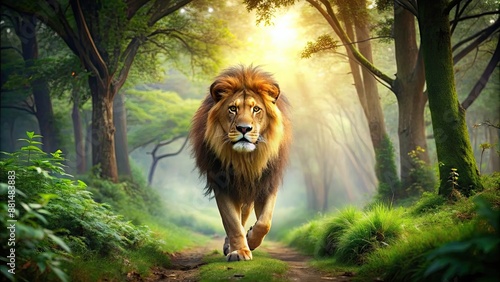 Fototapeta Naklejka Na Ścianę i Meble -  Majestic lion walking through a lush green forest , Lion, majestic, walking, lush, green, forest, wild, animal